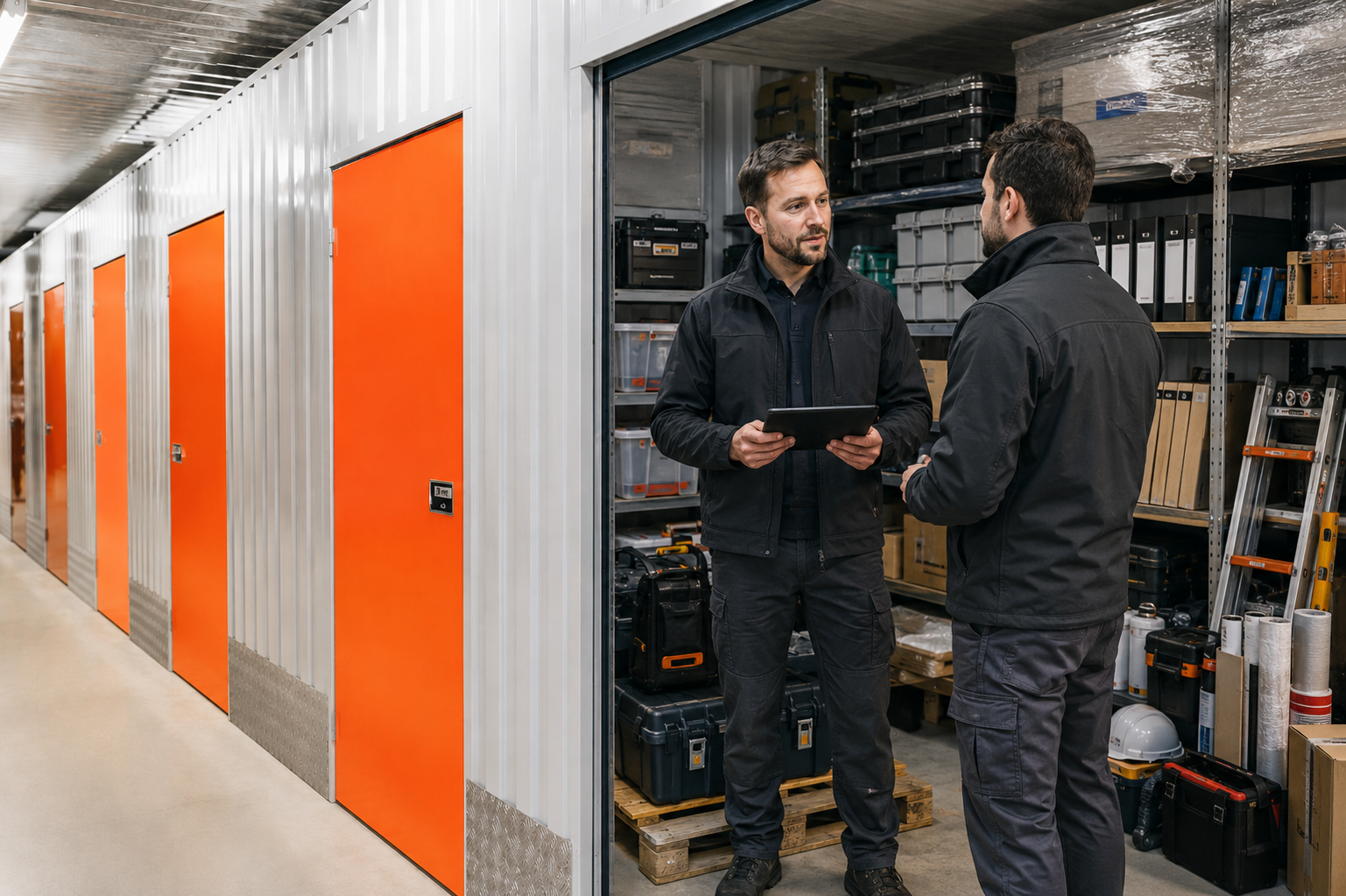 Professionnels rangeant du matériel dans un box de stockage
