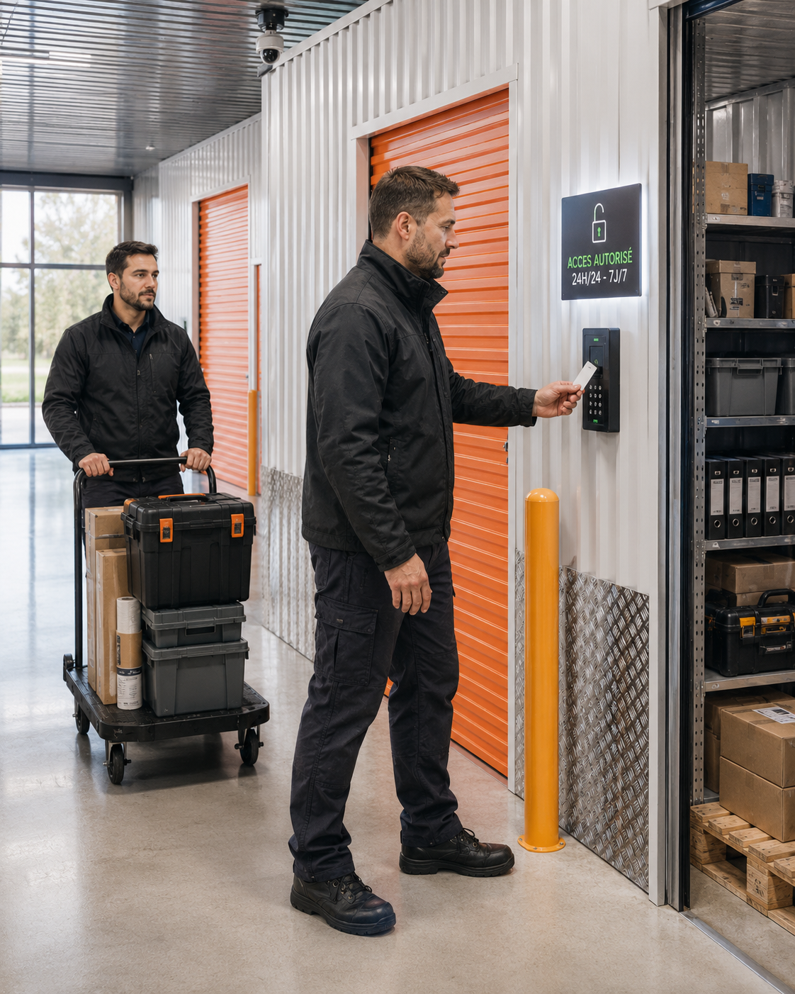 Professionnels déplaçant du matériel vers un box